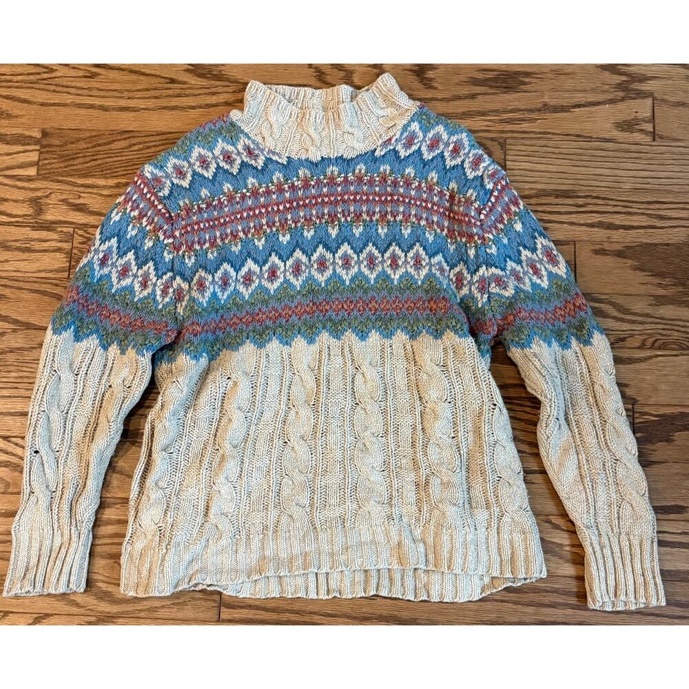 IVY Fair Isle Cable Knit Mock Neck Sweater Multicolor Wool Blend Women’s‎ L GUC